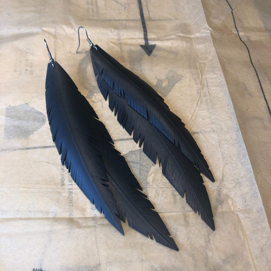 Up-cycled large double feather earrings