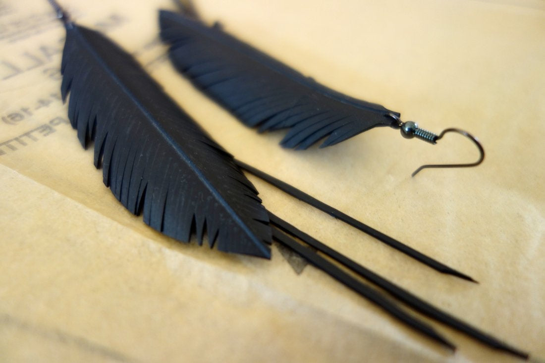 Up-cycled multi string and feather earrings