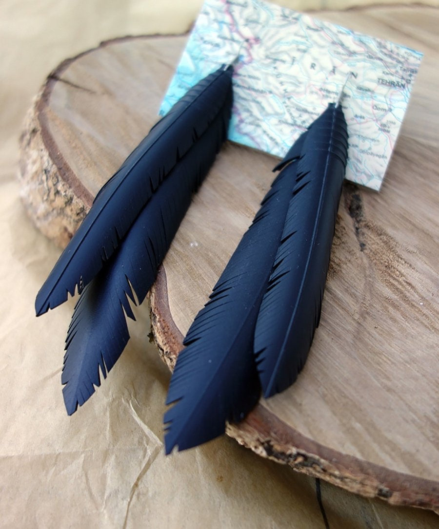 Up-cycled large double feather earrings