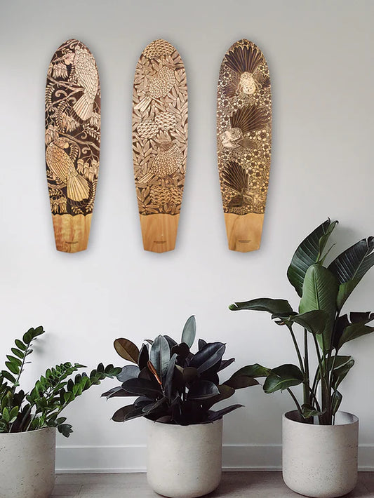 Two Tui in Harakeke Art Skateboard