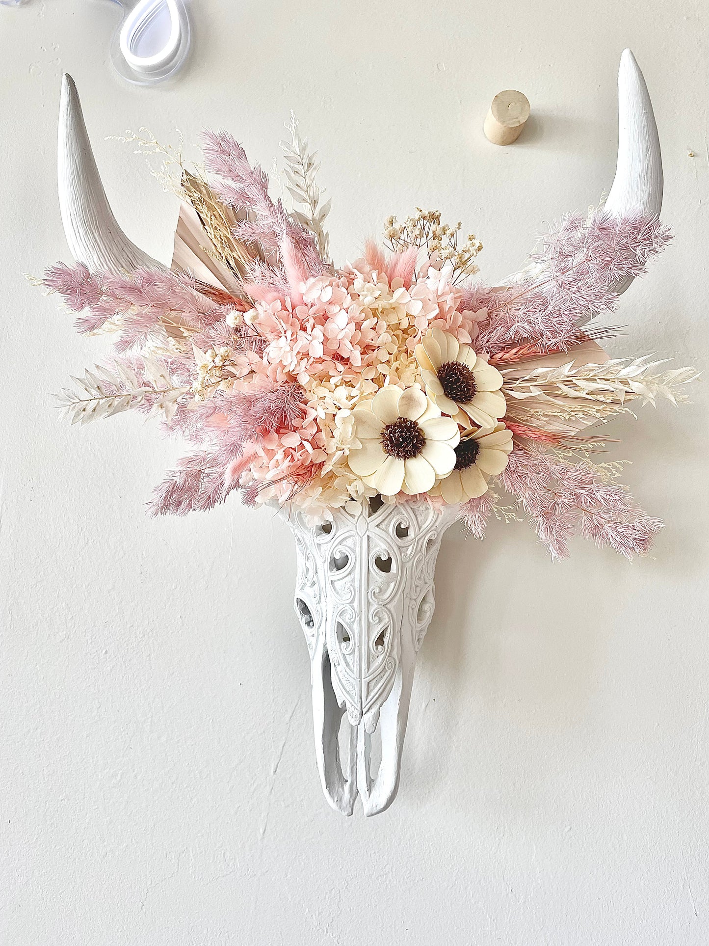 Pink Daisy Bull Skull Arrangment